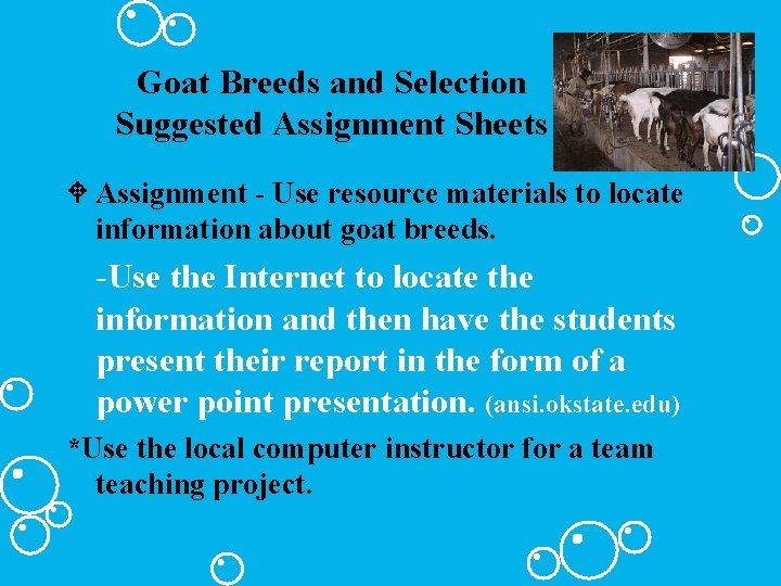 Goat Breeds and Selection Suggested Assignment Sheets W Assignment - Use resource materials to