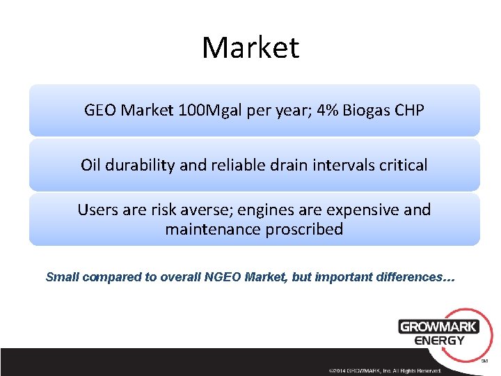 Market GEO Market 100 Mgal per year; 4% Biogas CHP Oil durability and reliable