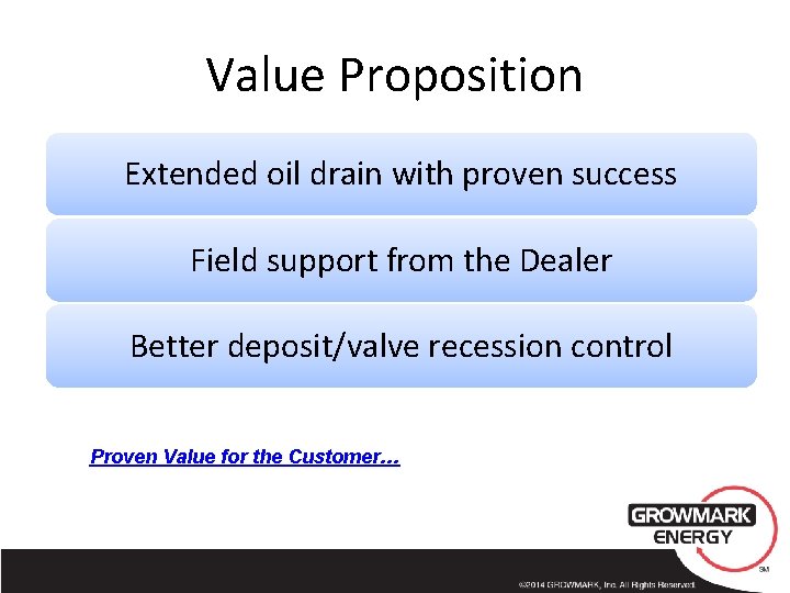 Value Proposition Extended oil drain with proven success Field support from the Dealer Better