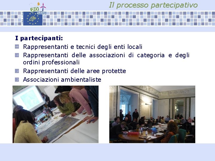 Il processo partecipativo I partecipanti: Rappresentanti e tecnici degli enti locali Rappresentanti delle associazioni