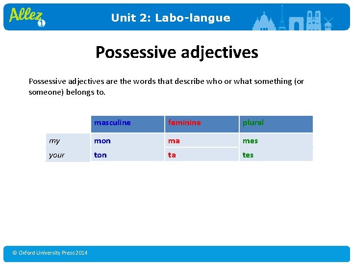 Unit 2: Labo-langue Possessive adjectives are the words that describe who or what something