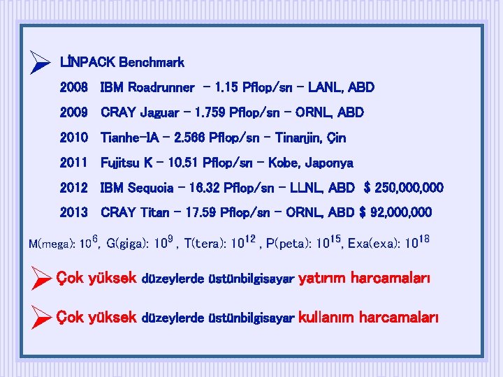  LİNPACK Benchmark 2008 IBM Roadrunner - 1. 15 Pflop/sn - LANL, ABD 2009