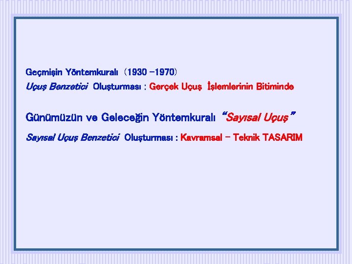 Geçmişin Yöntemkuralı (1930 -1970) Uçuş Benzetici Oluşturması : Gerçek Uçuş İşlemlerinin Bitiminde Günümüzün ve