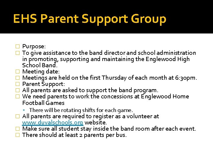 EHS Parent Support Group � � � � Purpose: To give assistance to the