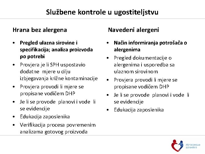 Službene kontrole u ugostiteljstvu Hrana bez alergena Navedeni alergeni • Pregled ulazna sirovine i