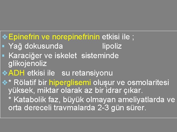 v. Epinefrin ve norepinefrinin etkisi ile ; § Yağ dokusunda lipoliz § Karaciğer ve