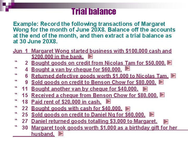 Trial balance Example: Record the following transactions of Margaret Wong for the month of