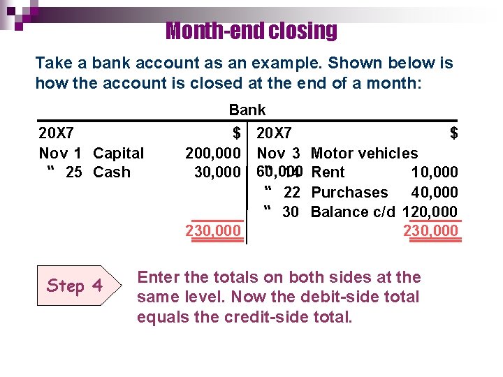 Month-end closing Take a bank account as an example. Shown below is how the