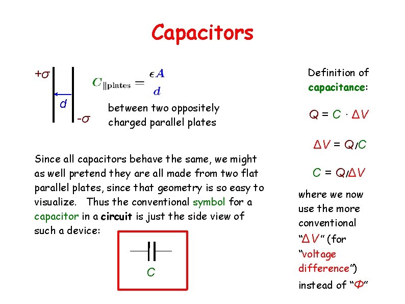 Capacitors Definition of capacitance: +σ d -σ between two oppositely charged parallel plates Q