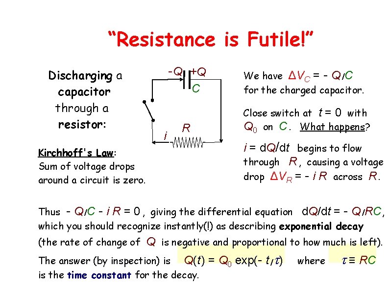 “Resistance is Futile!” Discharging a capacitor through a resistor: -Q +Q C i R