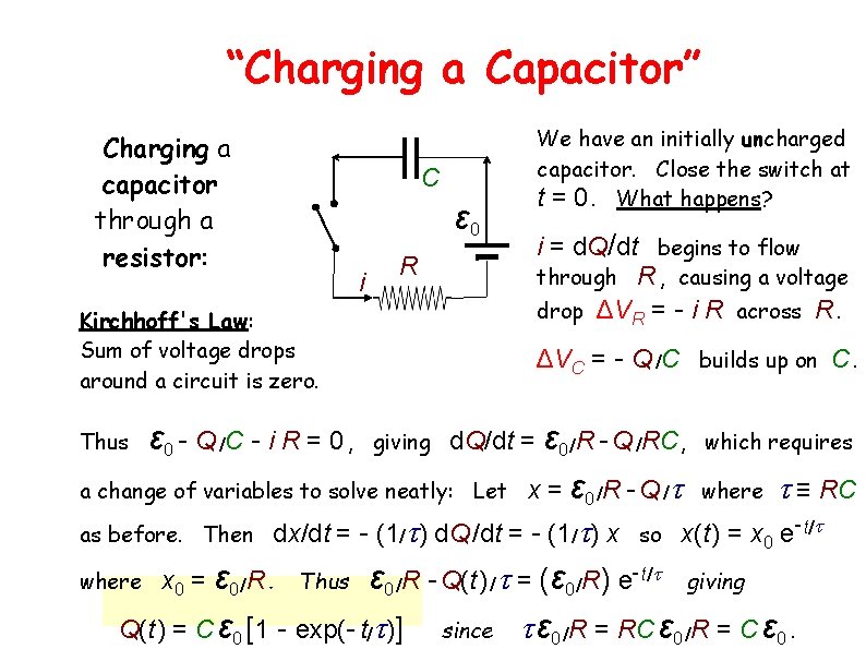 “Charging a Capacitor” Charging a capacitor through a resistor: C ε 0 i R