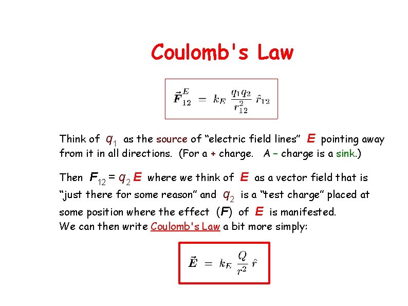 Coulomb's Law Think of q 1 as the source of “electric field lines” E