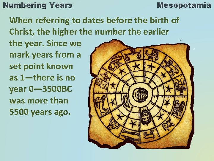 Numbering Years Mesopotamia When referring to dates before the birth of Christ, the higher