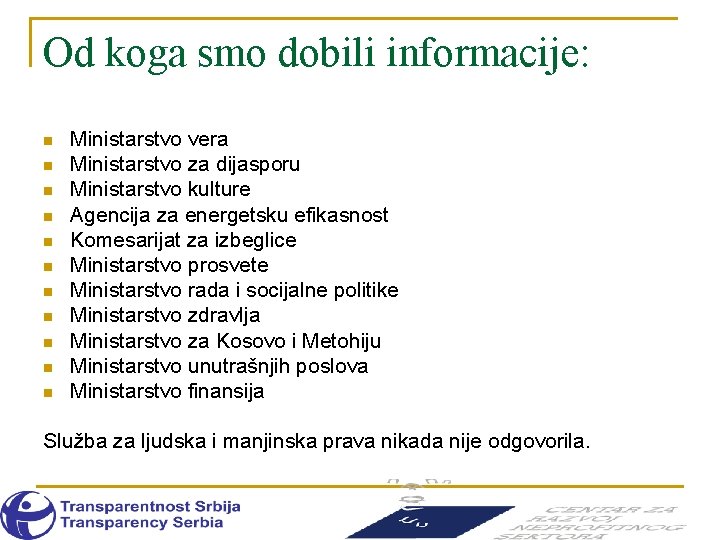 Od koga smo dobili informacije: n n n Ministarstvo vera Ministarstvo za dijasporu Ministarstvo