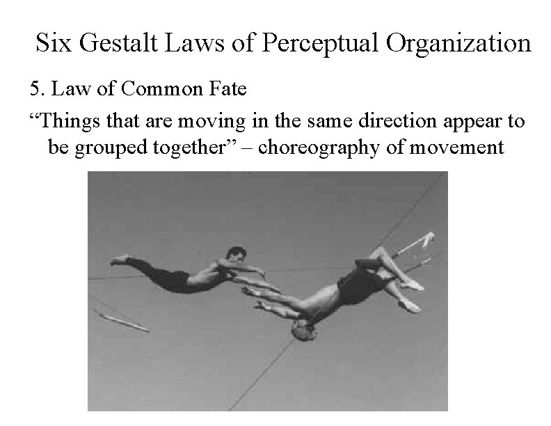 Six Gestalt Laws of Perceptual Organization 5. Law of Common Fate “Things that are