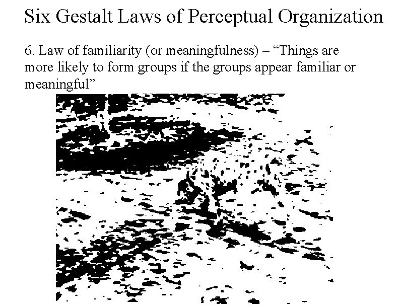Six Gestalt Laws of Perceptual Organization 6. Law of familiarity (or meaningfulness) – “Things