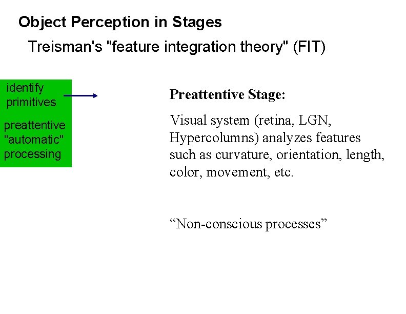 Object Perception in Stages Treisman's "feature integration theory" (FIT) identify primitives preattentive "automatic" processing