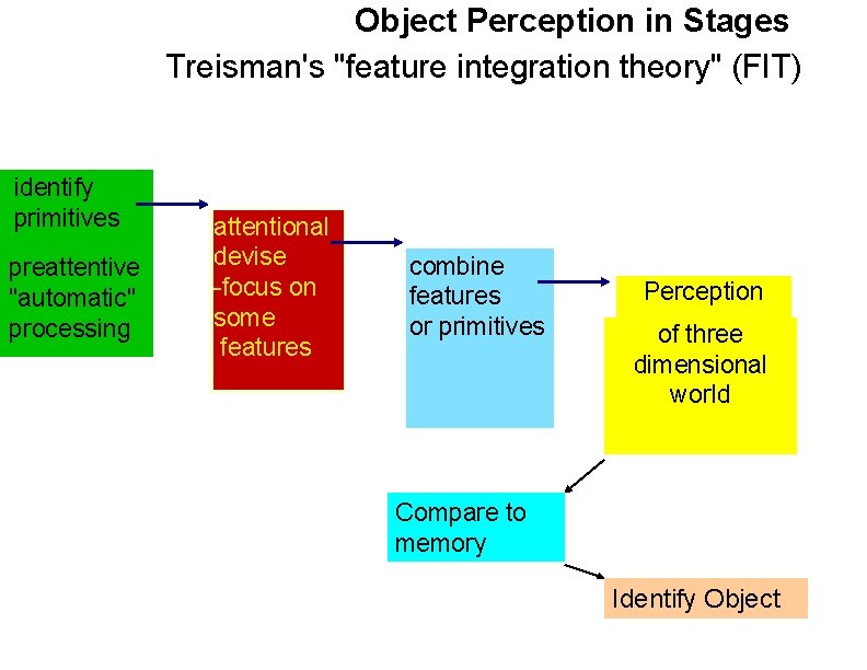 Object Perception in Stages Treisman's "feature integration theory" (FIT) identify primitives preattentive "automatic" processing