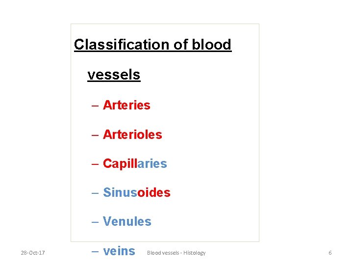 Classification of blood vessels – Arteries – Arterioles – Capillaries – Sinusoides – Venules