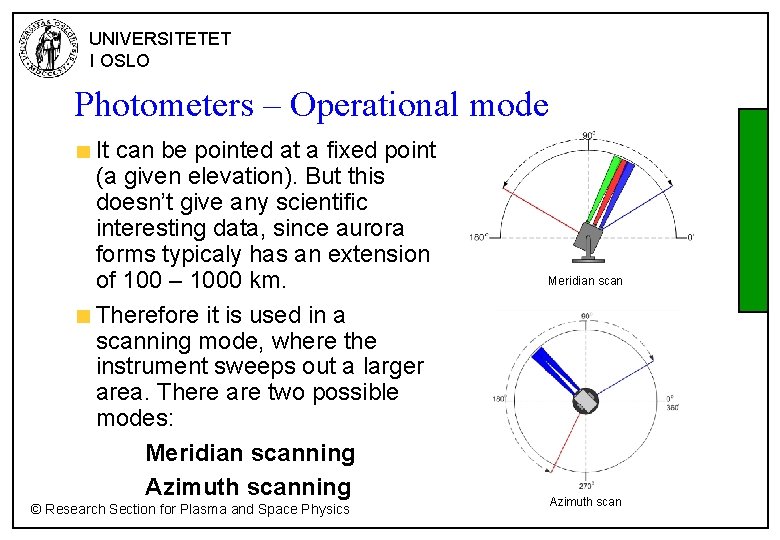 UNIVERSITETET I OSLO Photometers – Operational mode It can be pointed at a fixed