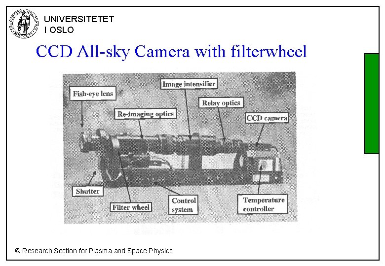 UNIVERSITETET I OSLO CCD All-sky Camera with filterwheel © Research Section for Plasma and
