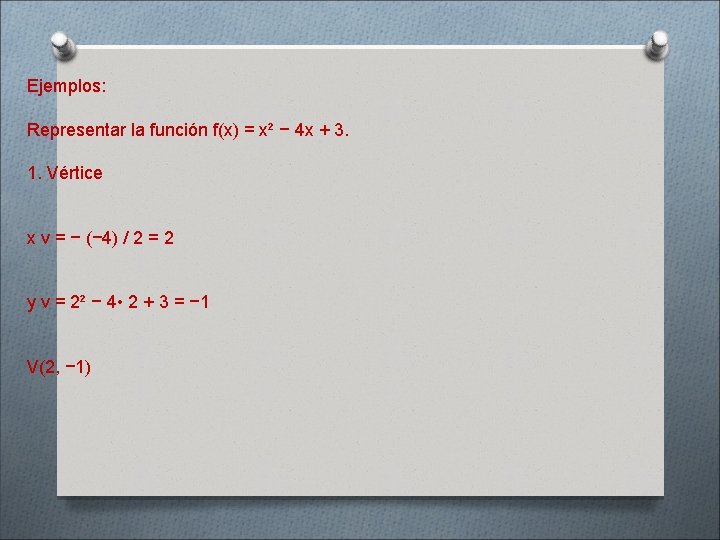 Ejemplos: Representar la función f(x) = x² − 4 x + 3. 1. Vértice