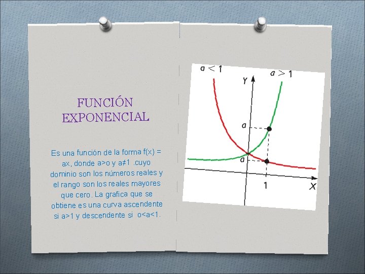 FUNCIÓN EXPONENCIAL Es una función de la forma f(x) = ax, donde a>o y