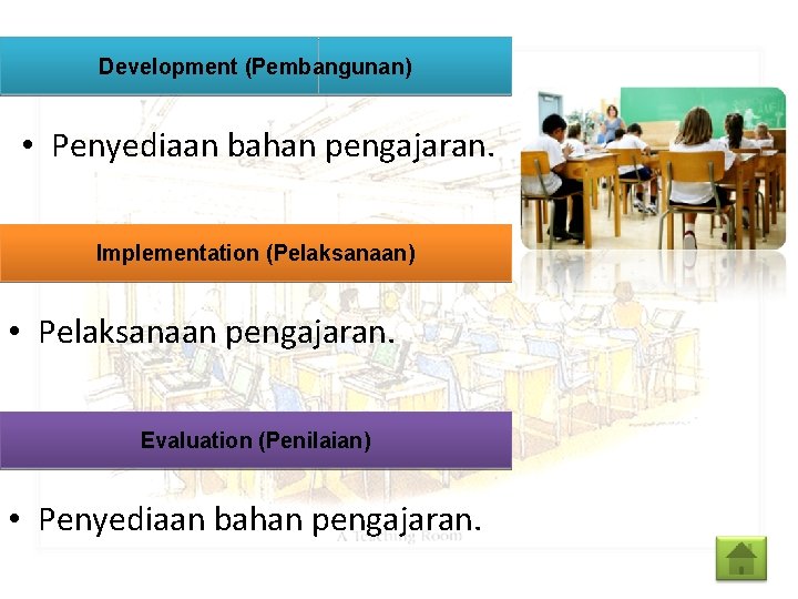 Development (Pembangunan) • Penyediaan bahan pengajaran. Implementation (Pelaksanaan) • Pelaksanaan pengajaran. Evaluation (Penilaian) •