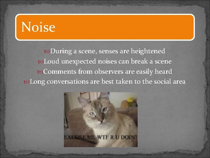 Noise During a scene, senses are heightened Loud unexpected noises can break a scene