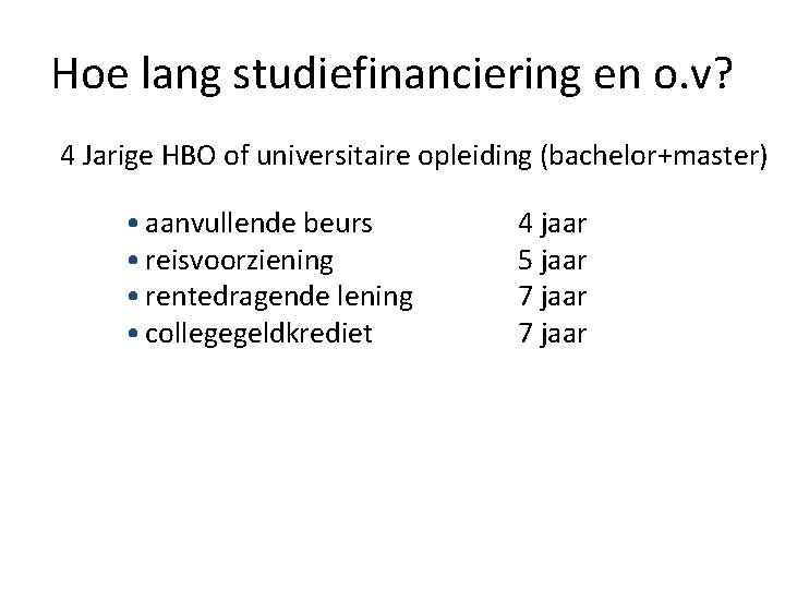 Hoe lang studiefinanciering en o. v? 4 Jarige HBO of universitaire opleiding (bachelor+master) •