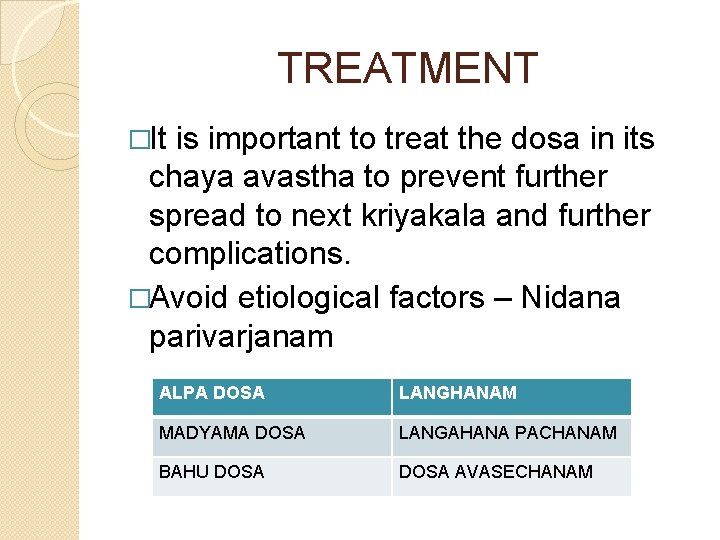TREATMENT �It is important to treat the dosa in its chaya avastha to prevent