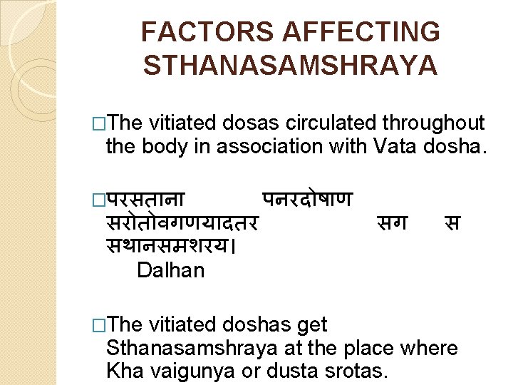 FACTORS AFFECTING STHANASAMSHRAYA �The vitiated dosas circulated throughout the body in association with Vata