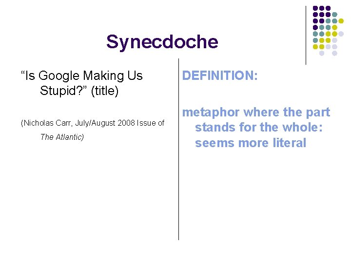 Synecdoche “Is Google Making Us Stupid? ” (title) (Nicholas Carr, July/August 2008 Issue of