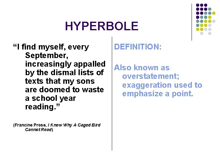 HYPERBOLE “I find myself, every September, increasingly appalled by the dismal lists of texts