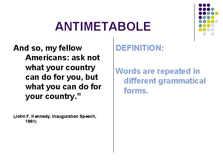 ANTIMETABOLE And so, my fellow Americans: ask not what your country can do for