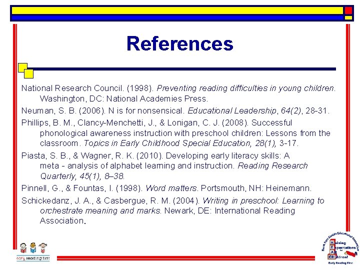 References National Research Council. (1998). Preventing reading difficulties in young children. Washington, DC: National