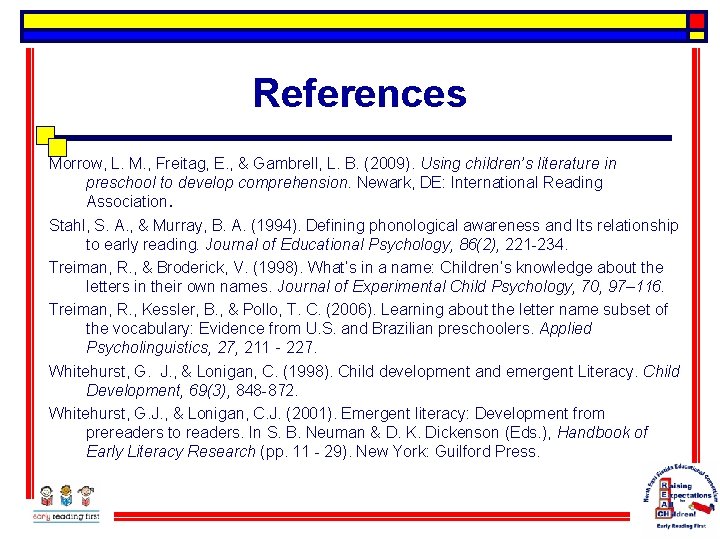 References Morrow, L. M. , Freitag, E. , & Gambrell, L. B. (2009). Using