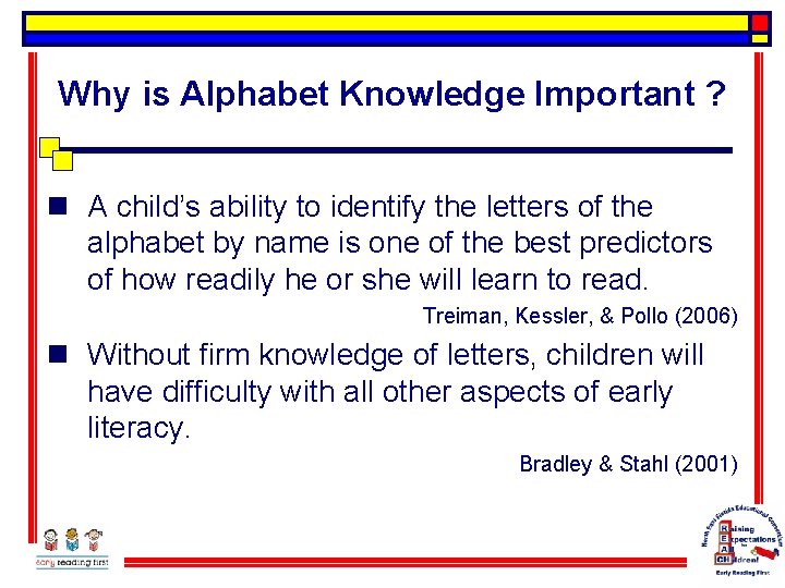 Why is Alphabet Knowledge Important ? n A child’s ability to identify the letters