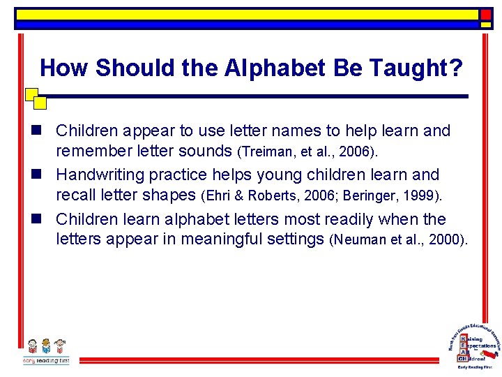 How Should the Alphabet Be Taught? n Children appear to use letter names to