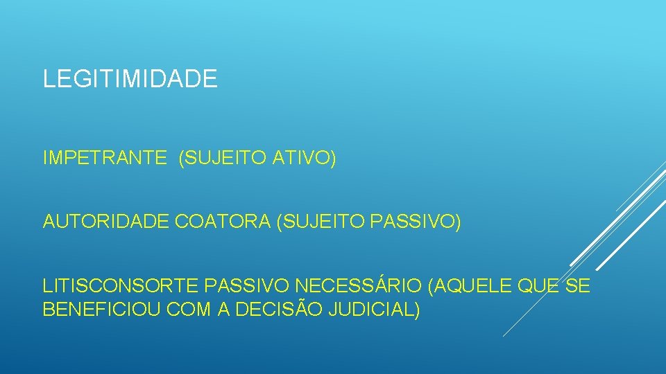 LEGITIMIDADE IMPETRANTE (SUJEITO ATIVO) AUTORIDADE COATORA (SUJEITO PASSIVO) LITISCONSORTE PASSIVO NECESSÁRIO (AQUELE QUE SE