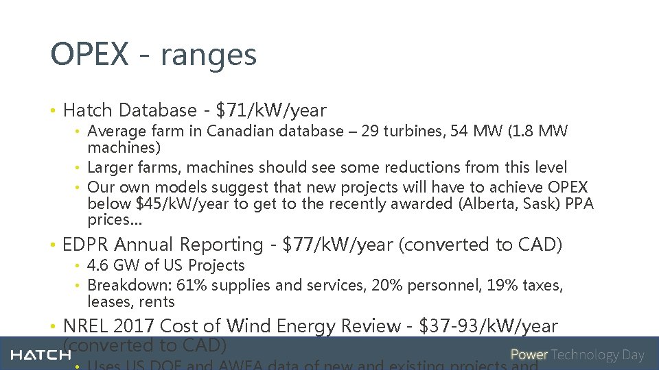 OPEX - ranges • Hatch Database - $71/k. W/year • Average farm in Canadian