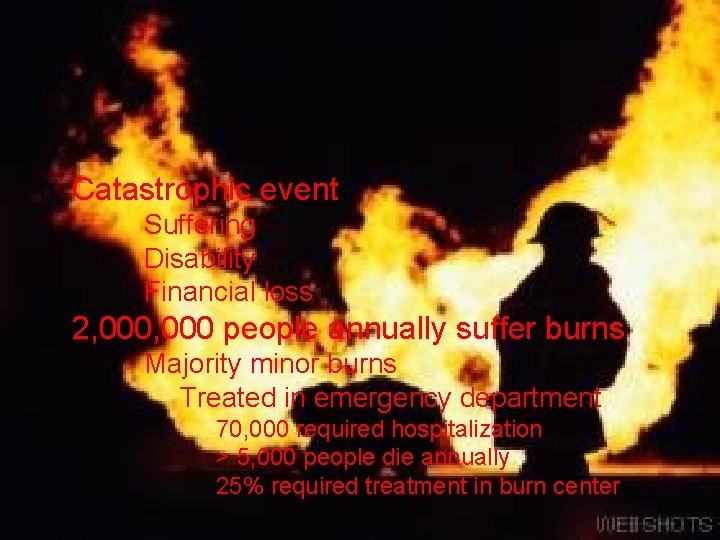 Thermal Burns Catastrophic event Suffering Disability Financial loss 2, 000 people annually suffer burns
