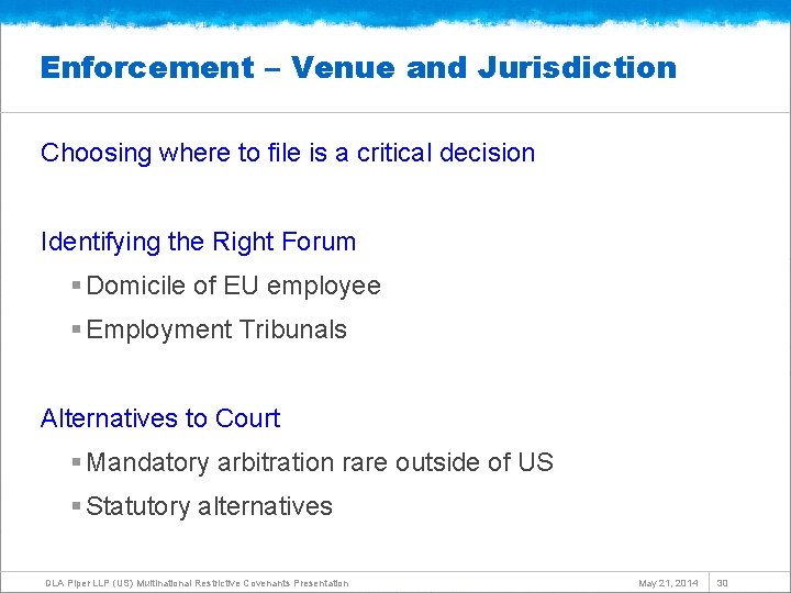 Enforcement – Venue and Jurisdiction Choosing where to file is a critical decision Identifying