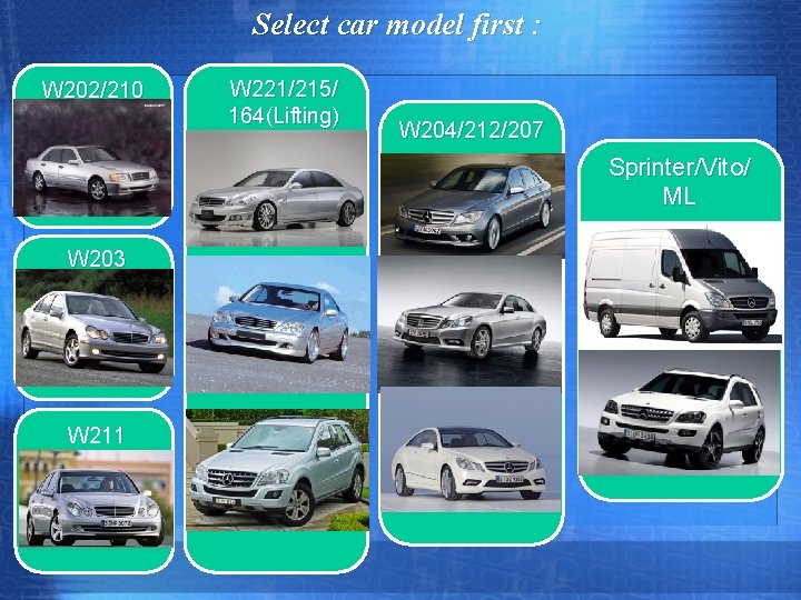 Select car model first : W 202/210 W 221/215/ 164(Lifting) W 204/212/207 Sprinter/Vito/ ML Select car model first : W 202/210 W 221/215/ 164(Lifting) W 204/212/207 Sprinter/Vito/ ML