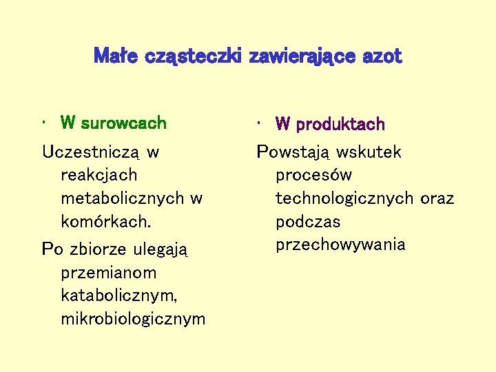 Małe cząsteczki zawierające azot • W surowcach Uczestniczą w reakcjach metabolicznych w komórkach. Po