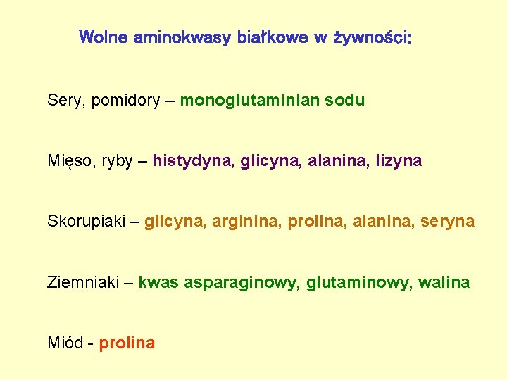 Wolne aminokwasy białkowe w żywności: Sery, pomidory – monoglutaminian sodu Mięso, ryby – histydyna,