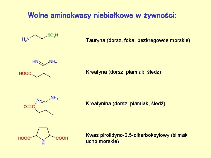 Wolne aminokwasy niebiałkowe w żywności: Tauryna (dorsz, foka, bezkregowce morskie) Kreatyna (dorsz, plamiak, śledź)