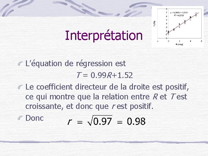 Interprétation L’équation de régression est T = 0. 99 R+1. 52 Le coefficient directeur