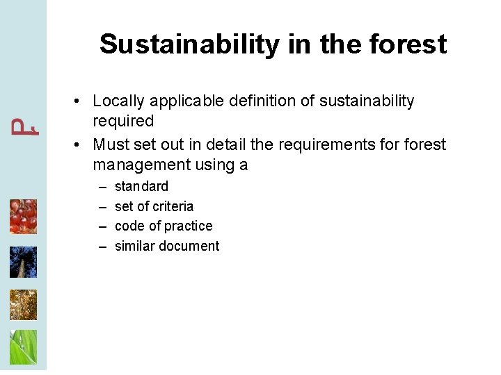 Sustainability in the forest • Locally applicable definition of sustainability required • Must set