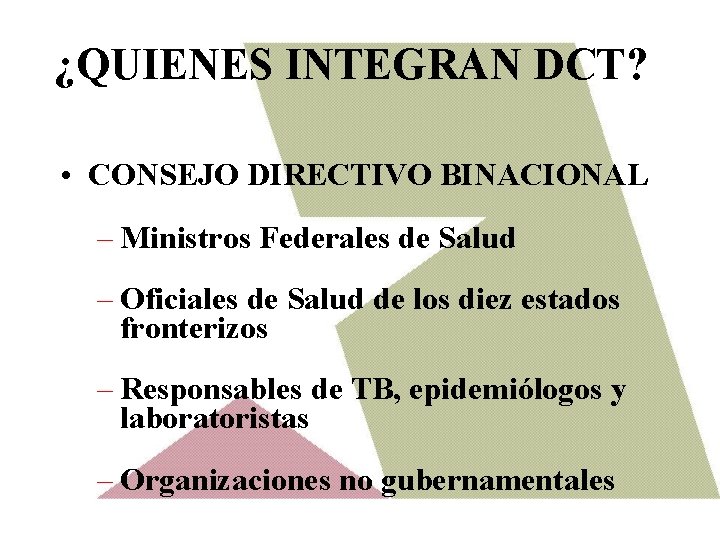 ¿QUIENES INTEGRAN DCT? • CONSEJO DIRECTIVO BINACIONAL – Ministros Federales de Salud – Oficiales